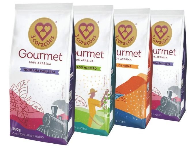 Pacotes de 250g de café Moído Três Corações Gourmet. Imagem: www.amazon.com.br.